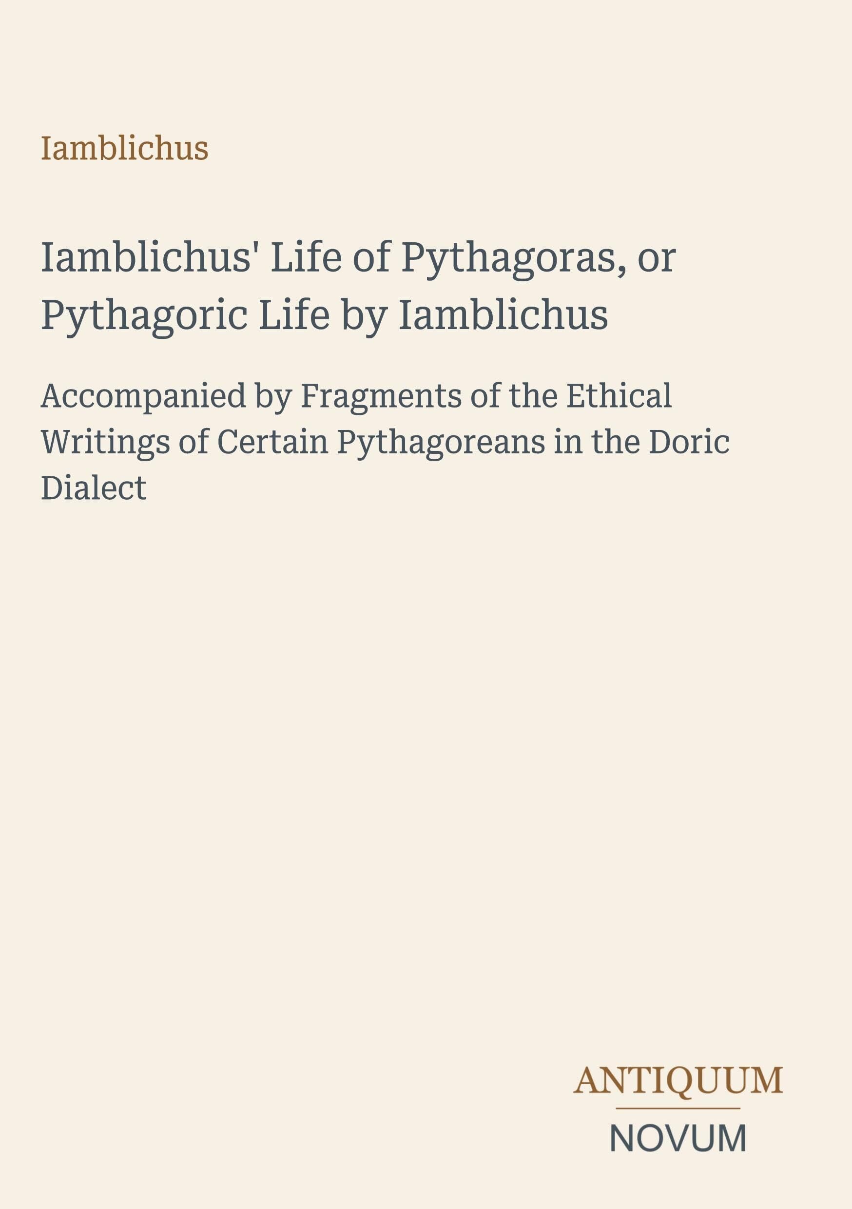 Iamblichus' Life of Pythagoras, or Pythagoric Life by Iamblichus