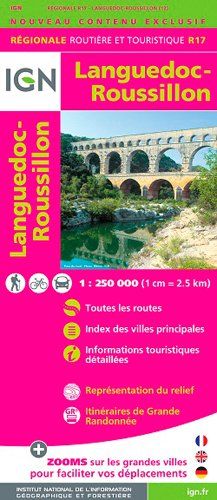 Languedoc-Roussillion 2015. 1 : 250 000: Réseau autoroutier gratuit et payant. Index des villes principales. Informations touristiques détaillées