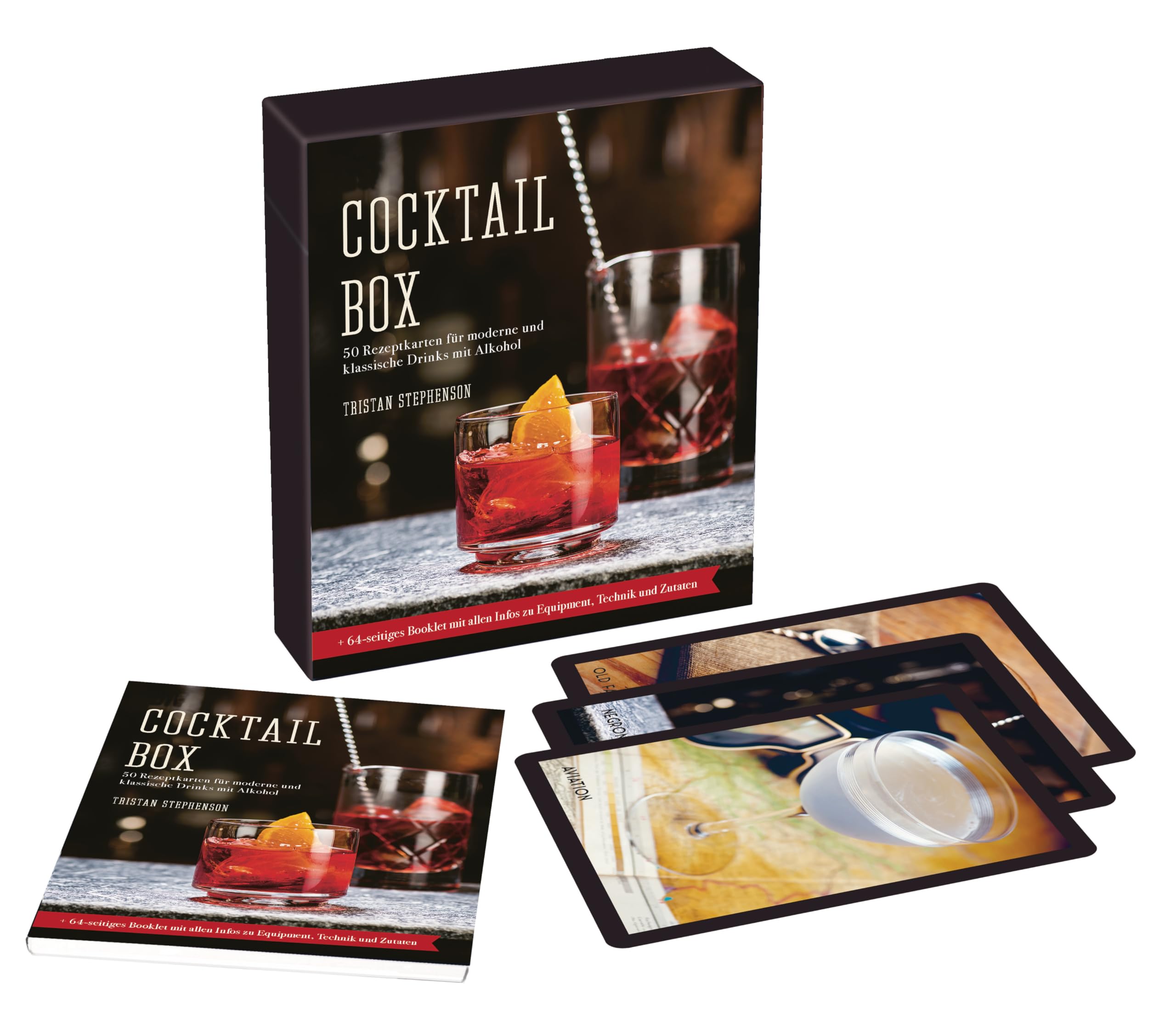 Cocktail-Box: 50 Rezeptkarten für moderne und klassische Drinks mit Alkohol + 64-seitiges Begleitbuch mit allen Infos zu Equipment, Technik und Zutaten