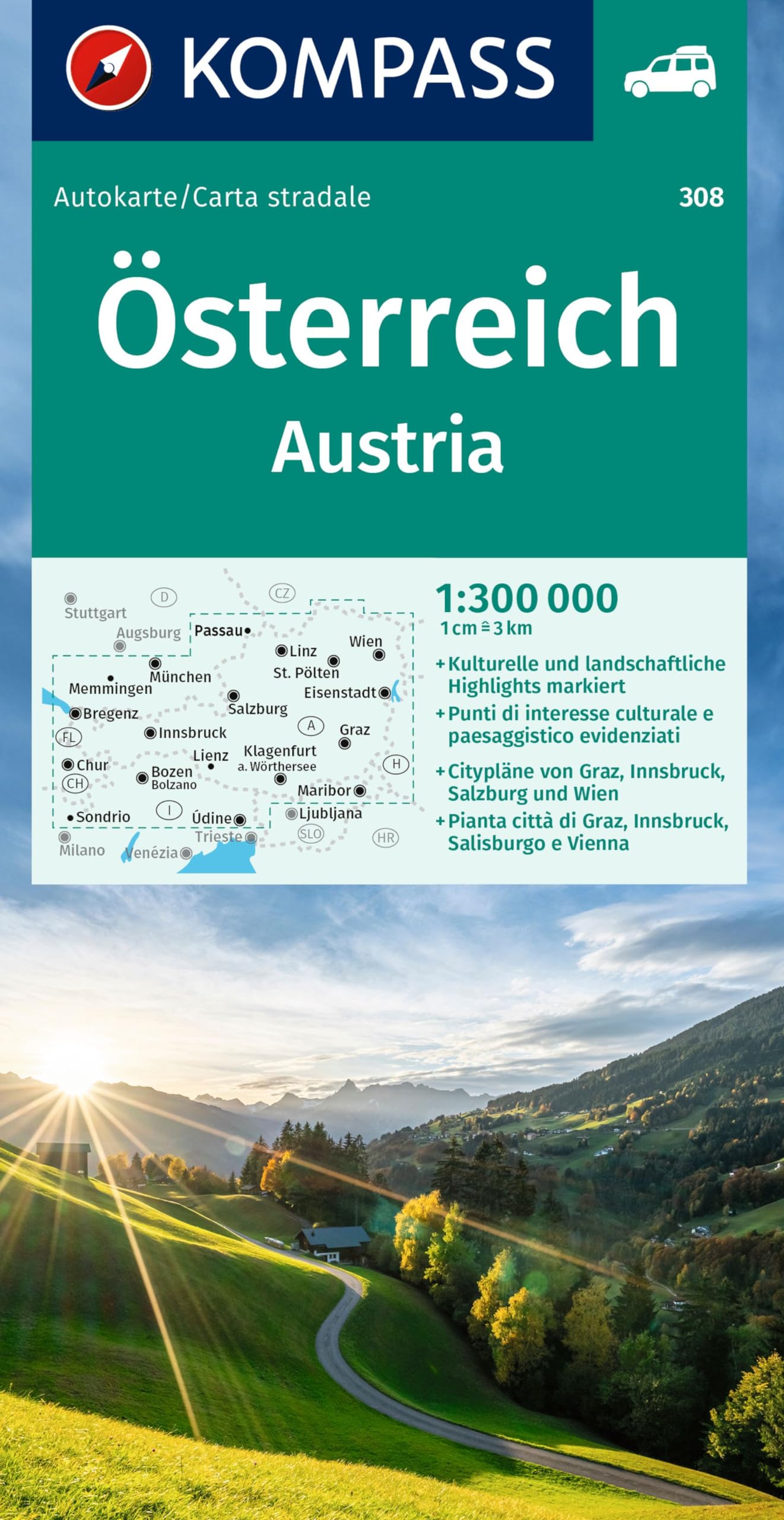 KOMPASS Autokarte Österreich 1:300.000: mit Ortsverzeichnis