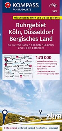 KOMPASS Fahrradkarte 3367 Ruhrgebiet, Köln, Düsseldorf, Bergisches Land 1:70.000: reiß- und wetterfest mit Extra Stadtplänen
