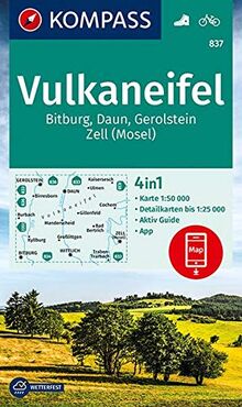 KOMPASS Wanderkarte Vulkaneifel, Bitburg, Daun, Gerolstein, Zell (Mosel): 4in1 Wanderkarte 1:50000 mit Aktiv Guide und Detailkarten inklusive Karte ... (KOMPASS-Wanderkarten, Band 837)