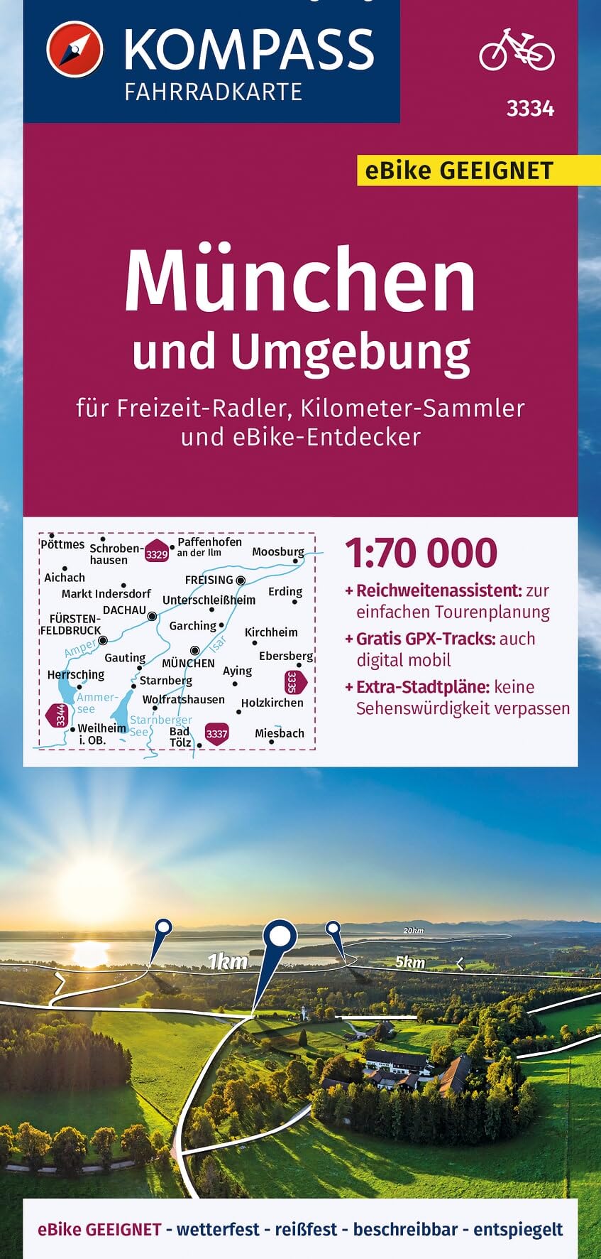 KOMPASS Fahrradkarte 3334 München und Umgebung 1:70.000: reiß- und wetterfest mit Extra Stadtplänen