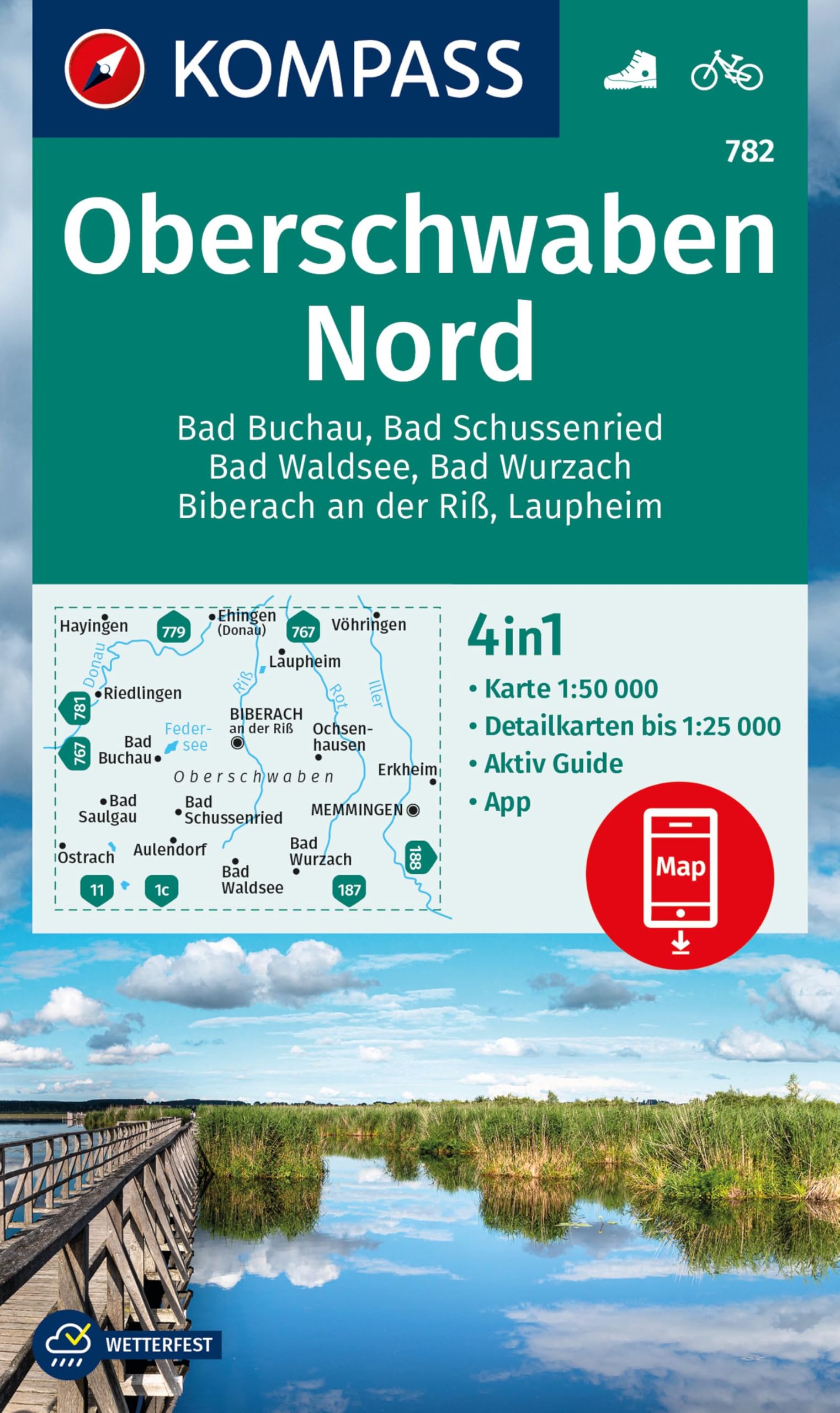 KOMPASS Wanderkarte 782 Oberschwaben Nord 1:50.000: 4in1 Wanderkarte mit Aktiv Guide und Detailkarten inklusive Karte zur offline Verwendung in der KOMPASS-App. Fahrradfahren.