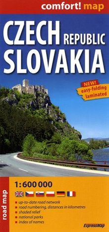 Czech Republic Slovakia 1 : 600 000: up-to-date road network, road numbering, distances in kilometres, shaded relief, national parks, index of names