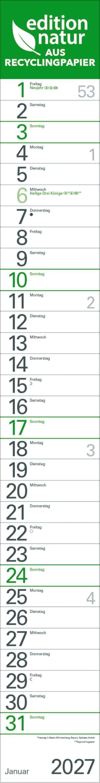 Streifenplaner Grün Recyclingpapier Edition Natur 2027