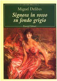 Signora in rosso su fondo grigio (Grande biblioteca)