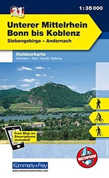 Deutschland Outdoorkarte 31 Unterer Mittelrhein, Bonn bis Koblenz 1 : 35 000: Siebengebirge-Andernach. Wanderwege, Radwanderwege, Nordic Walking (Kümmerly+Frey Outdoorkarten Deutschland)