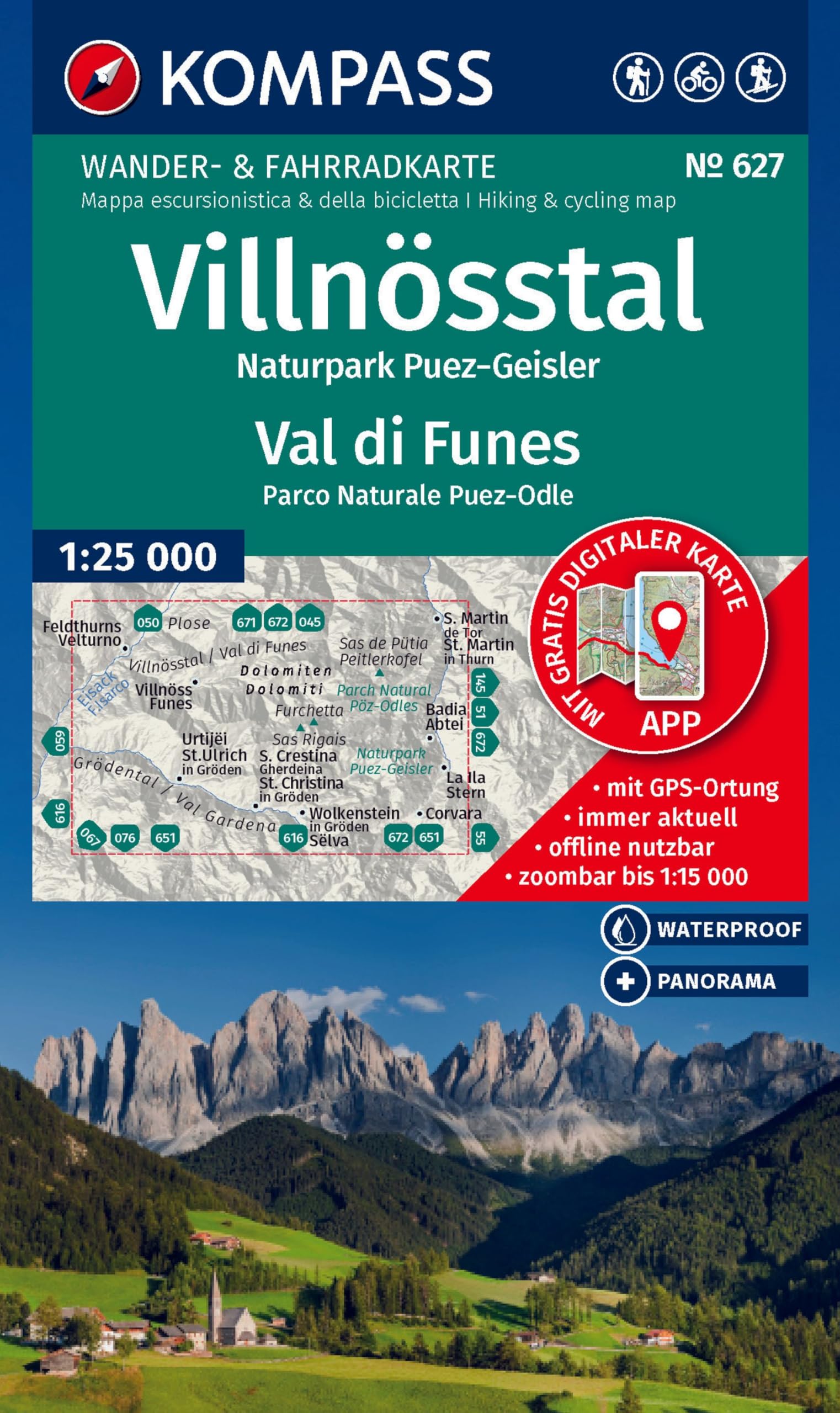 unbekannt Kompass Wanderkarte 627 Villnösstal / Val Di Funes, Naturpark Puez-Geisler / Parco Naturale Puez-Odle 1, 25.000, Wander- Und Fahrradkarte In Einem -