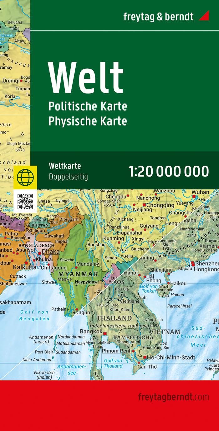 Weltkarte, politisch - physisch, 1:20.000.000, gefaltet, freytag & berndt: Vorderseite politisch, Rückseite physisch, 137,5 x 96 cm (freytag & berndt Auto + Freizeitkarten)