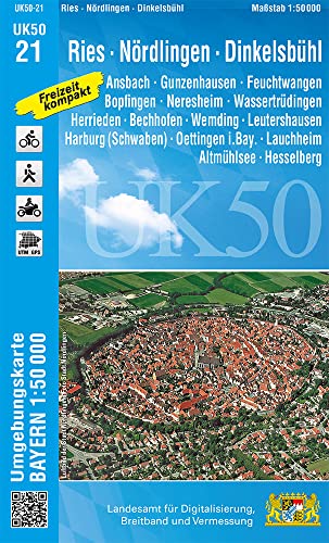 UK50-21 Ries, Nördlingen, Dinkelsbühl: Ansbach, Gunzenhausen, Feuchtwangen, Bopfingen, Neresheim, Wassertrüdingen, Herrieden, Bechhofen, Wemding, ... Karte Freizeitkarte Wanderkarte)