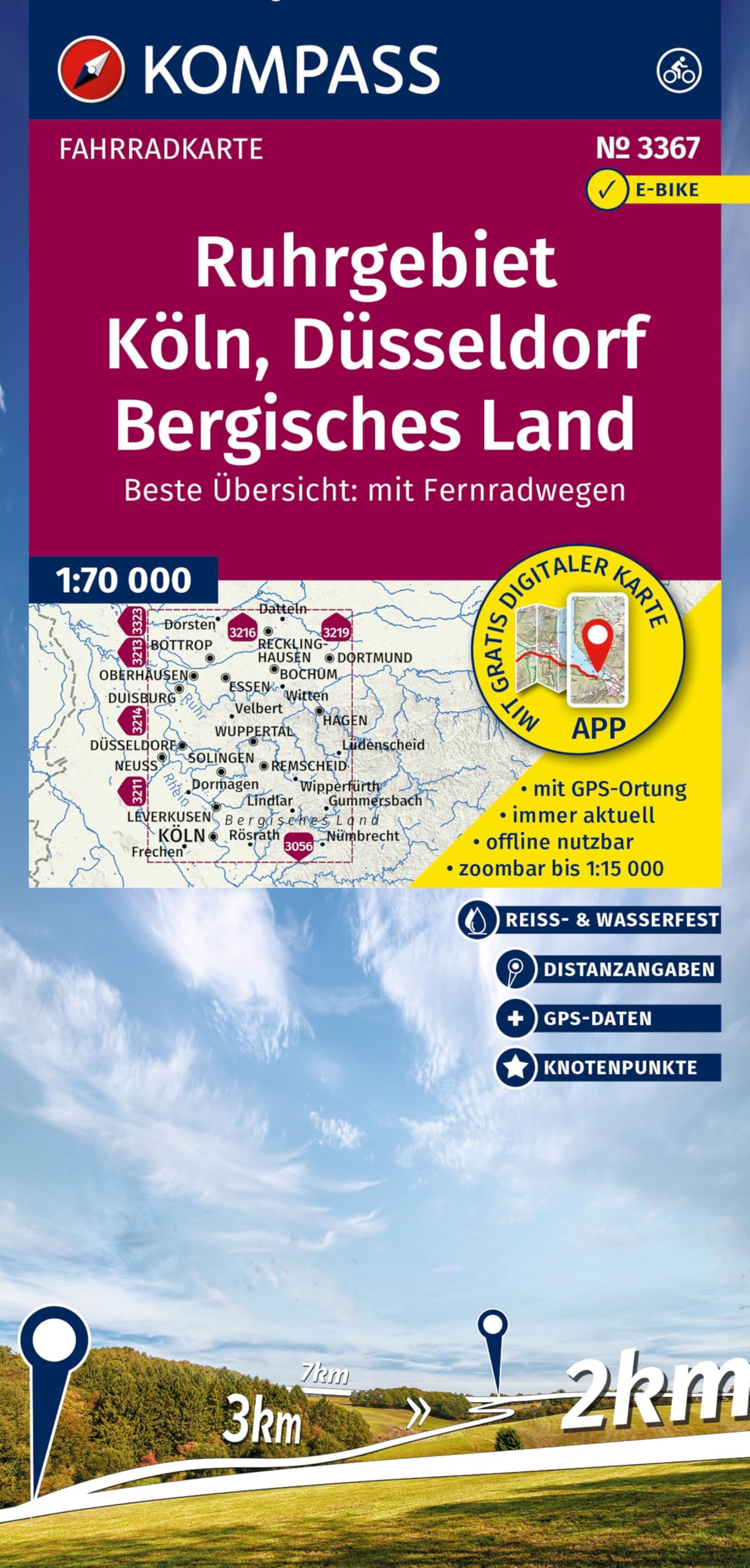 KOMPASS Fahrradkarte 3367 Ruhrgebiet, Köln, Düsseldorf, Bergisches Land mit Knotenpunkten 1:70.000: reiß- und wetterfest