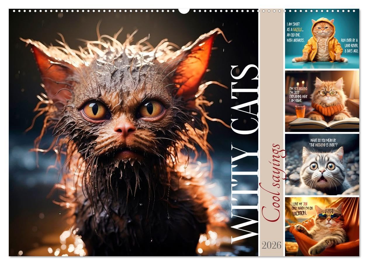WITTY CATS Cool sayings (Wall Calendar 2026 DIN A2 landscape), CALVENDO 12 Month Wall Calendar: Cute furry friends with amusing quips