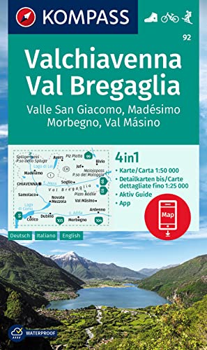 Kompass-Karten GmbH Kompass Wanderkarte 92 Chiavenna/Val Bregaglia 1, 50.000, 4in1 Wanderkarte Mit Aktiv Guide Und Detailkarten Inklusive Karte Zur Offline Verwendung In