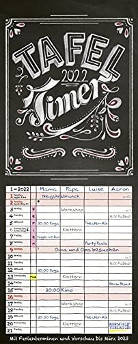 Tafel Timer 2022: Typo Art Familienkalender mit 4 breiten Spalten in Tafeloptik. Hochwertiger Familienplaner mit Ferienterminen, Vorschau bis März 2023.