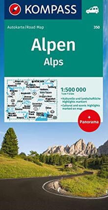 KOMPASS Autokarte Alpen, Alps, Alpi, Alpes 1:500.000: mit Panorama auf der Rückseite