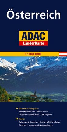 ADAC Länderkarte Österreich 1:300.000: Register: Legende, Citypläne, Zufahrtskarte Wien, Ortsregister mit Postleitzahlen. Karte: Sehenswürdigkeiten, ... Nationalparks, landschaftlich schöne Strecken