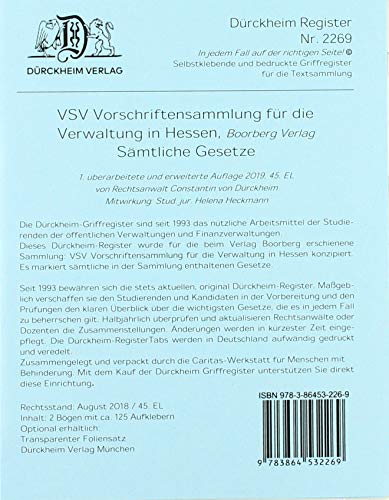 VSV HESSEN Dürckheim-Griffregister Nr. 2269 (2019): 125 bedruckte Griffregister für die Vorschriftensammlung für die Verwaltung in HESSEN