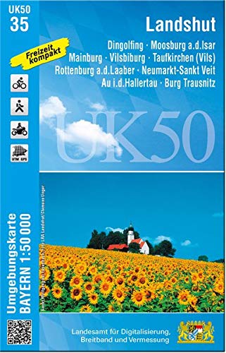 UK50-35 Landshut: Dingolfing, Moosburg a.d.Donau, Mainburg, Vilsbiburg, Taufkirchen (Vils), Rottenburg a.d.Laaber, Neumarkt-Sankt-Veit, Au ... Karte Freizeitkarte Wanderkarte)