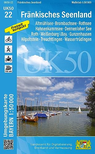 UK50-22 Fränkisches Seenland: Altmühlsee, Brombachsee, Rothsee, Hahnenkammsee, Dennenloher See, Roth, Weißenburg i.Bay., Gunzenhausen, Hilpoltstein, ... Karte Freizeitkarte Wanderkarte)