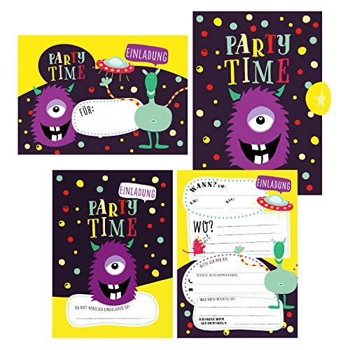 12 Monster Einladungskarten zum Geburtstag oder Party für Jungen und Mädchen inkl. Umschläge |: Coole Geburtstagseinladungen Monster für Kinder | ... jeden Anlass, Kindergeburtstag, Alien Party