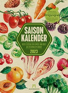 Saisonkalender Gemüse & Obst Kalender 2023, Wandkalender auf Graspapier im Hochformat (33x45 cm) - Illustrierter Kalender