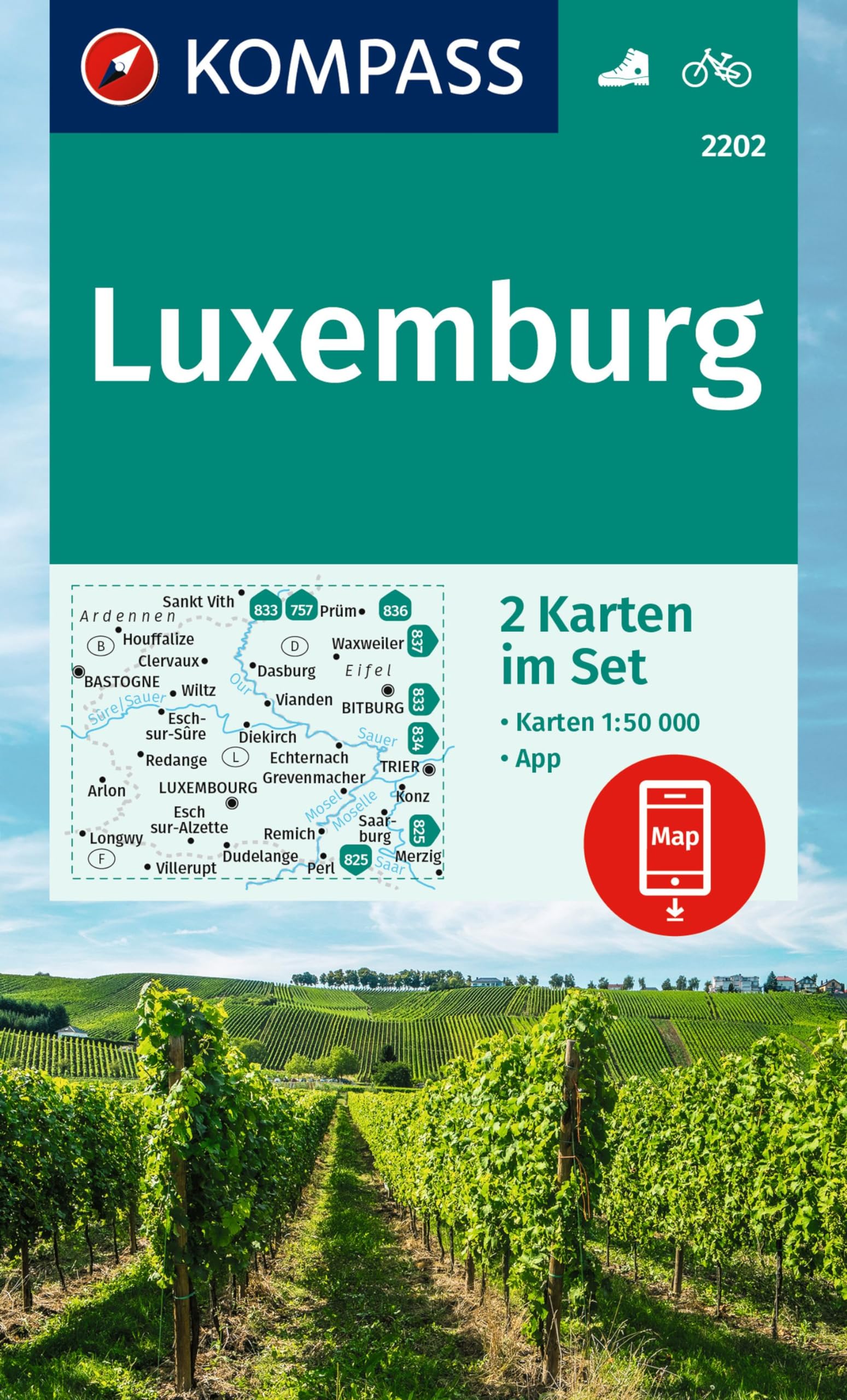 unbekannt Kompass Wanderkarten-Set 2202 Luxemburg (2 Karten) 1, 50.000, Inklusive Karte Zur Offline Verwendung In Der Kompass-App. Fahrradfahren.