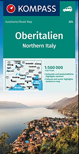 KOMPASS Autokarte Oberitalien, Italia settentrionale, Northern Italy, Italie du Nord 1:500.000: mit Panorama auf der Rückseite