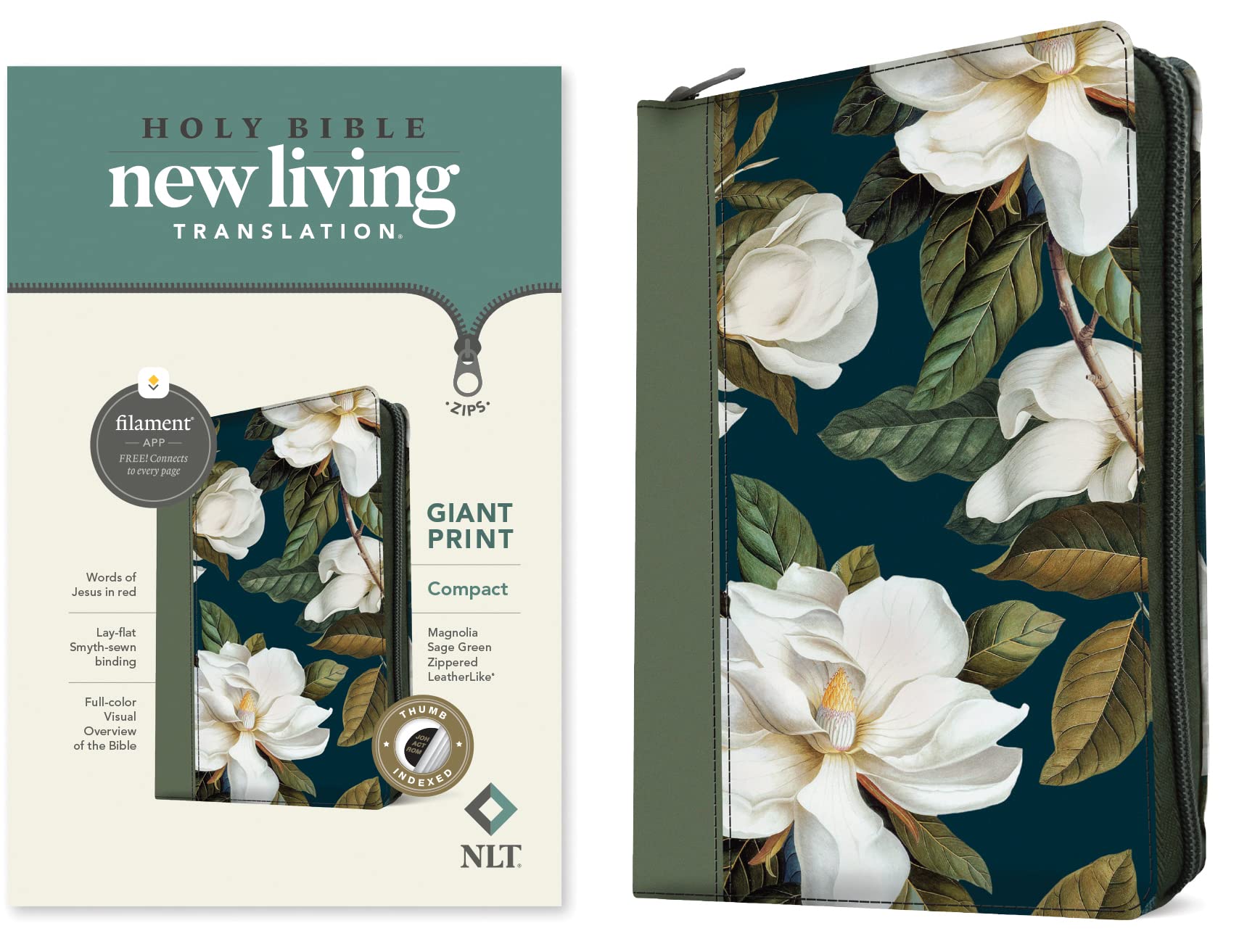 NLT Compact Giant Print Zipper Bible, Filament Enabled (Leatherlike, Magnolia Sage Green, Indexed, Red Letter): New Living Translation, Magnolia Sage Green, Leatherlike, Zipper, Giant Print