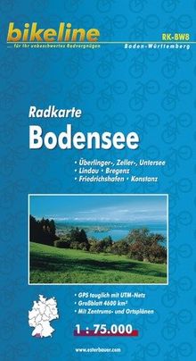 Radkarte Bodensee 1:75 000. Überlinger-, Zeller-, Untersee. Lindau, Bregenz, Friedrichshafen, Konstanz. Mit Zentrums- und Ortsplänen - wasserfest und reißfest, GPS-tauglich mit UTM-Netz