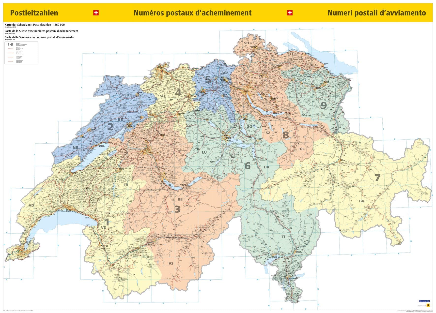 Kümmerly+Frey Thematische Karte Schweiz Postleitzahlenkarte Poster 1:260.000: Mit sämtlichen PLZ der Schweiz
