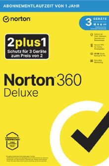 Norton 360 Deluxe 2024, 2+1 Edition, Antivirus, Unlimited Secure VPN, Password Manager | 3 Geräte | 1 Jahr | PC/Mac/Android | Aktivierungscode in Originalverpackung