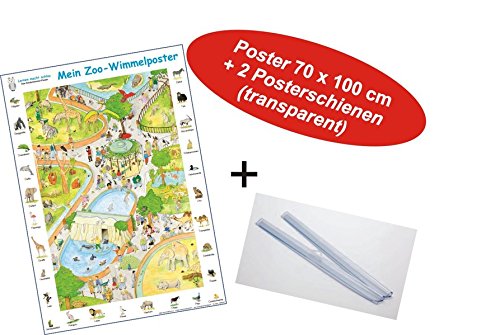 Mein Zoo-Wimmelposter + Posterschienen: Lernposter, gerollt, abwaschbar + UV-Lack beschichtet + 2 Posterschienen