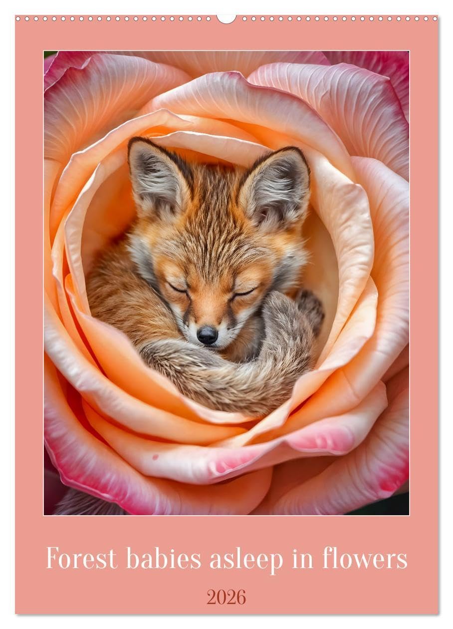 Forest babies asleep in flowers (Wall Calendar 2026 DIN A2 portrait), CALVENDO 12 Month Wall Calendar: Baby forest animals dream in calyxes