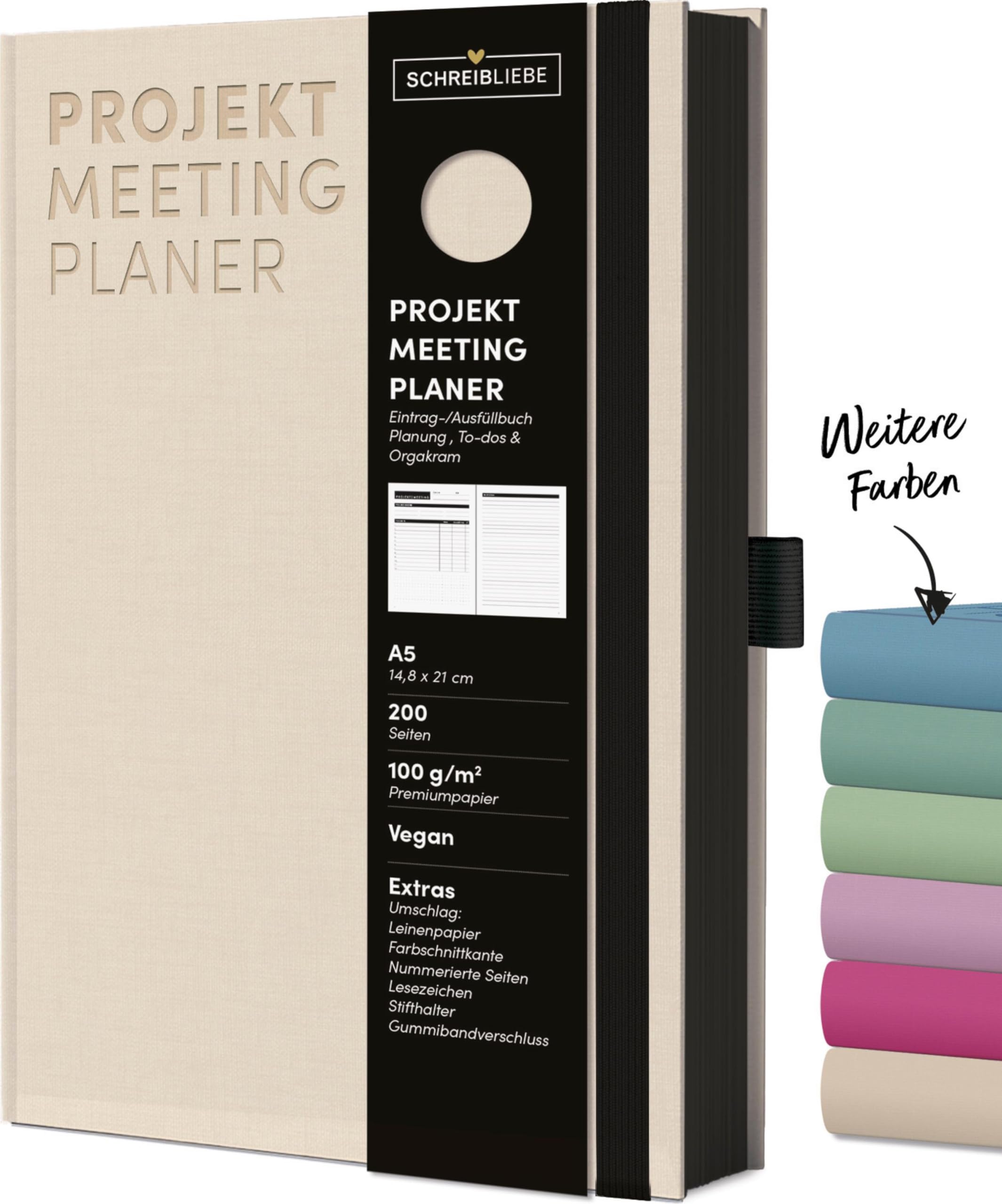 Projekt-Meeting Planer Sand: Notizbuch A5, Ausfüllbuch mit Farbschnittkante, Lesebändchen, Stiftehalter und Gummiband, 200 Seiten - SchreibLiebe