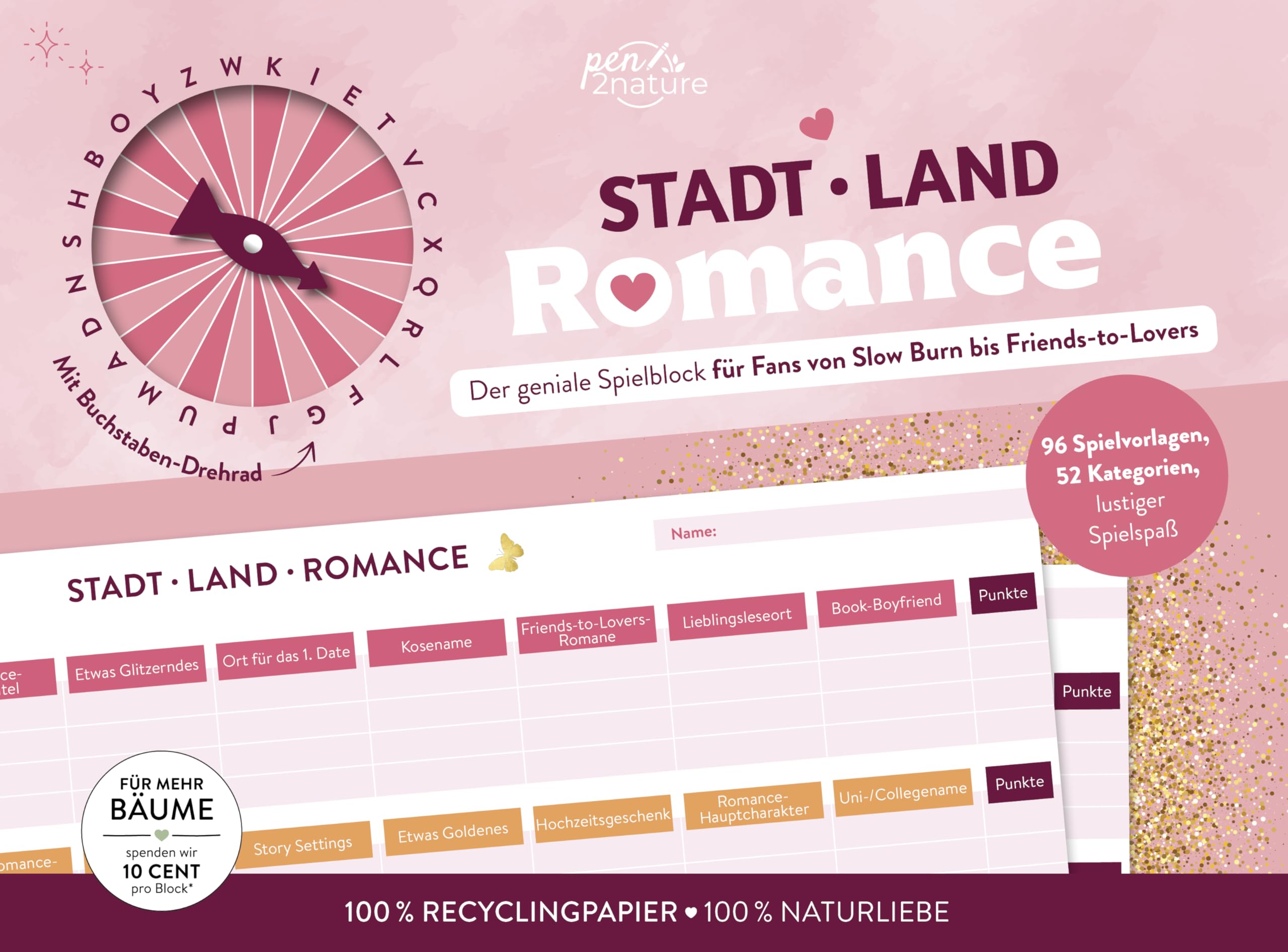Stadt-Land-Romance: Der geniale Spielblock für Fans von Slow Burn bis Friends-to-Lovers | Mit Buchstaben-Drehrad