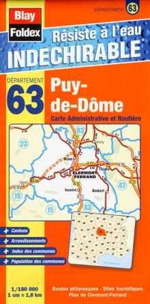 Puy-de-Dôme (63). Carte Départementale, Administrative et Routière (échelle : 1/180 000)