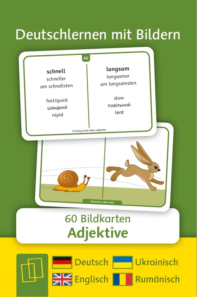 Adjektive - Deutsch, Englisch, Ukrainisch und Rumänisch: 60 Bildkarten (Deutschlernen mit Bildern)