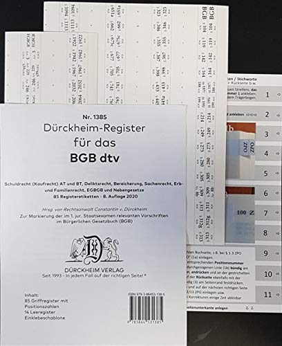 DürckheimRegister BGB im dtv 2020: 85 Etiketten für dein BGB (AT, Schuldrecht, Deliktsrecht, Bereicherung, Sachenrecht, Erb- und Familienrecht)