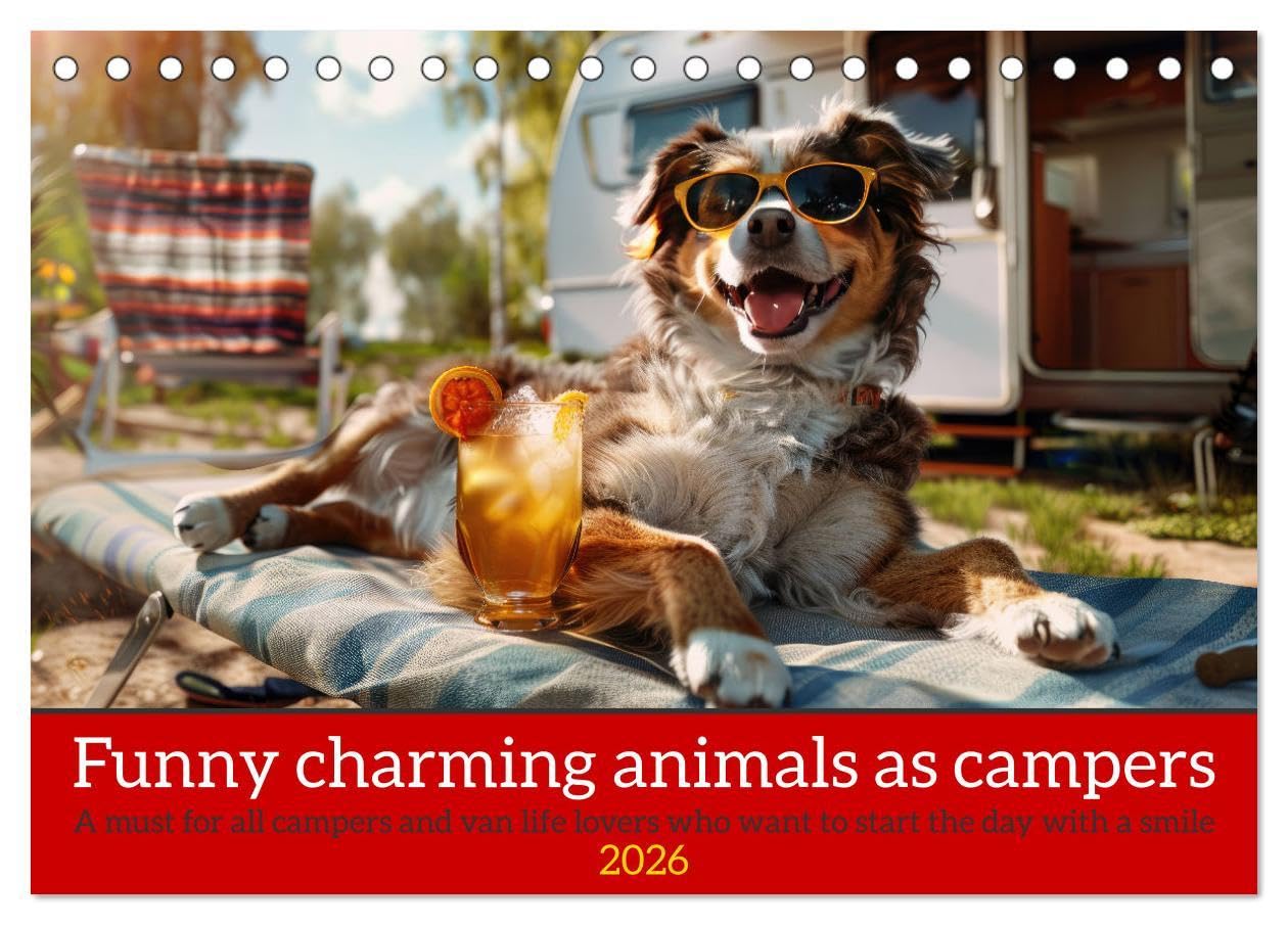 Funny charming animals as campers (Desk Calendar 2026 DIN A5 landscape), CALVENDO 12 Month DeskCalendar: Funny animals enjoy the camper lifestyle with humorous slogans