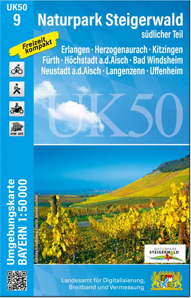 UK50-9 Naturpark Steigerwald, südlicher Teil: Erlangen, Herzogenaurach, Kitzingen, Fürth, Höchstadt a.d.Aisch, Bad Windsheim, Neustadt a.d.Aisch, ... Karte Freizeitkarte Wanderkarte)