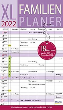 XL Familienplaner 18 Monate 2021/2022: Familienkalender mit 6 Spalten, Wandkalender Juli 2021 bis Dezember 2022. Zusatzspalte, Ferientermine und Vorschau bis März 2023.