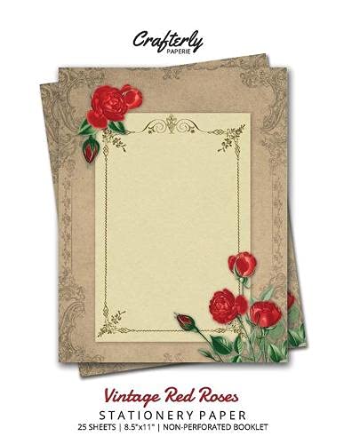 Crafterly Paperie Vintage Red Roses Stationery Paper, Antique Letter Writing Paper For Home, Office, 25 Sheets (Border Paper Design)