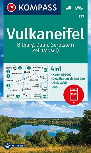 unbekannt Kompass Wanderkarte 837 Vulkaneifel, Bitburg, Daun, Gerolstein, Zell (Mosel) 1, 50.000, 4in1 Wanderkarte, Mit Aktiv Guide Und Detailkarten Inklusive