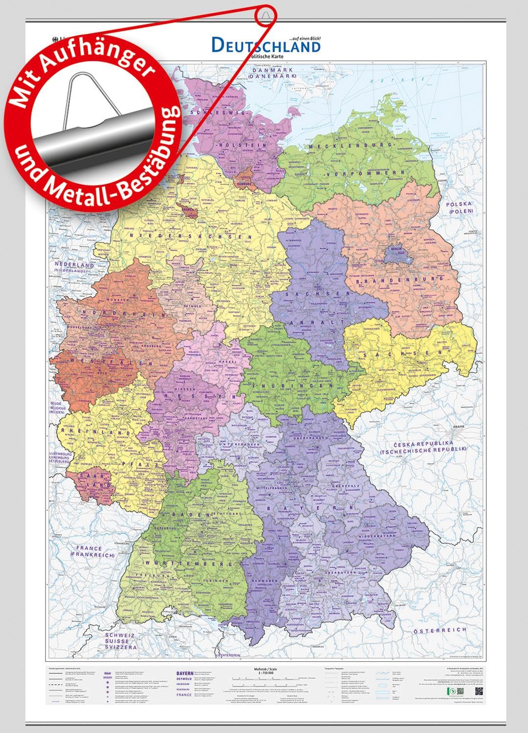 Deutschland auf einen Blick!: Politische Karte 1:750 000 mit Aufhänger und Metall-Bestäbung (Wandkarten des BKG)