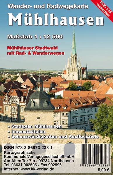 Mühlhausen: Reiß- und Wetterfeste Wanderkarte mit Stadtplan