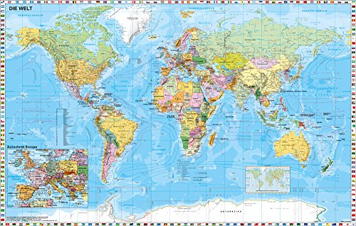 Weltkarte mit Ausschnitt Zentraleuropa zum Pinnen auf Wabenplatte