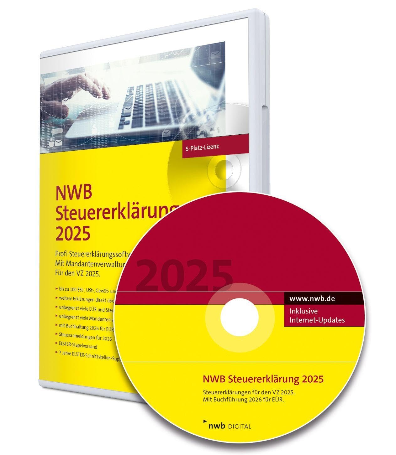NWB Steuererklärung 2025 - 5-Platz-Lizenz: Profi-Steuererklärungssoftware. Für den VZ 2025. Mit Buchführung 2026 für EÜR. 7 Jahre Elster-Schnittstellen-Support. CD-Version.