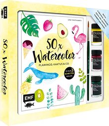 50 x Watercolor – Flamingo, Kaktus & Co. – Das Starter-Set – Die beliebtesten Aquarellmotive in nur 5 Schritten malen: Buch, 3 original Marabu Aqua-Ink-Graphix-Farben und Pinsel