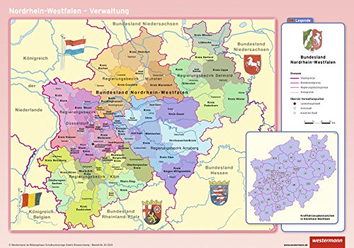 Posterkarten Geographie: Nordrhein-Westfalen: physisch / politisch